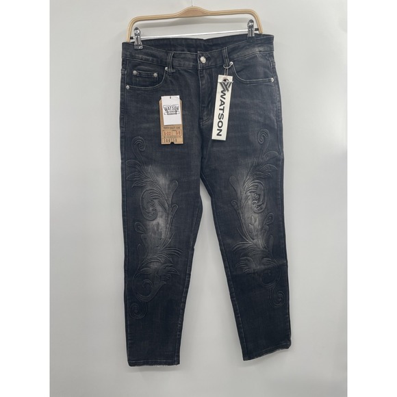 NWT Watson Straight Leg Jeans Men's 34 Black Denim Dark Wash Embroidered Hipster
